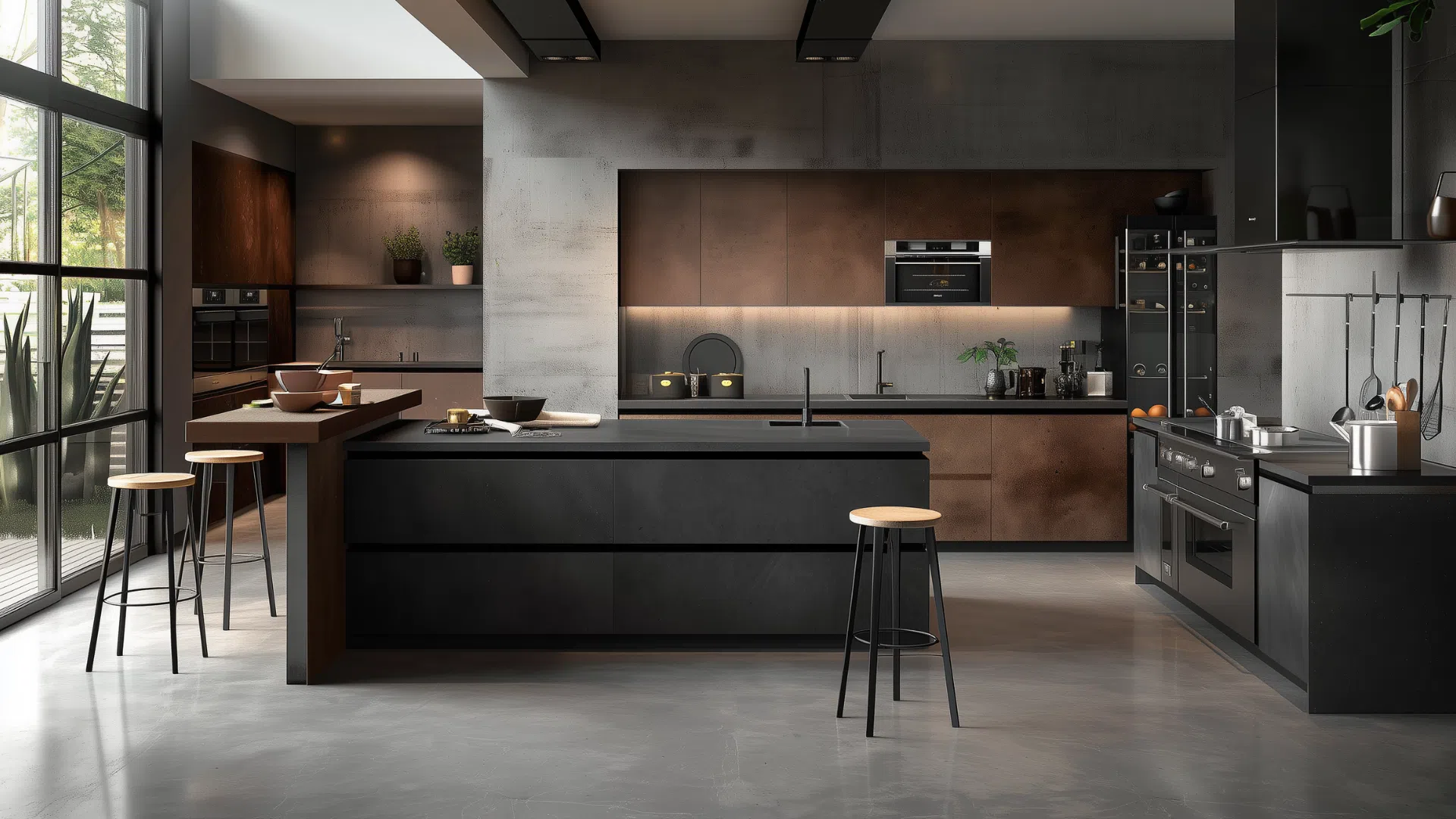 Sophisticated Industria Chic Kitchen Featuring Textured Concrete Style Flat Panel Cover